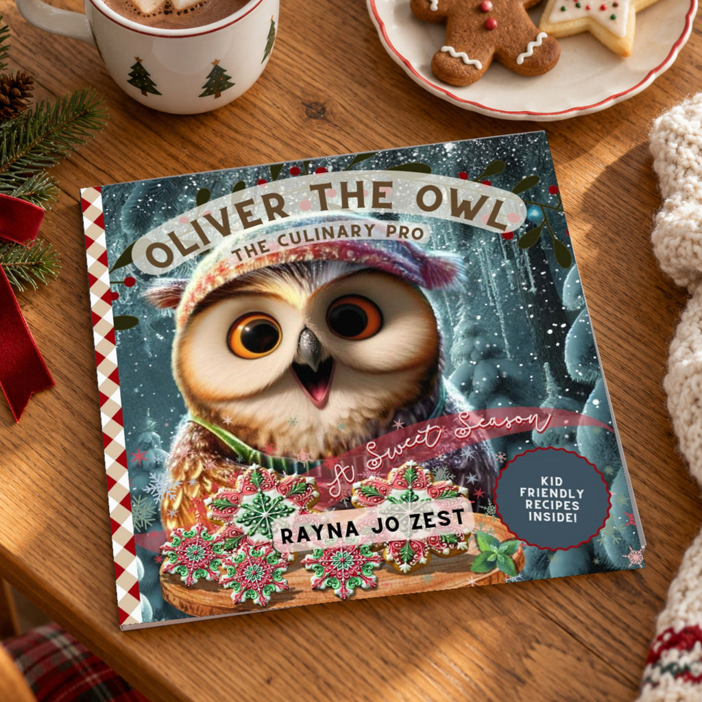 Oliver the Owl: A Sweet Season by Rayna Jo Zest on a wooden table beside cocoa, holiday cookies and evergreen branches, with the illustrated owl and Christmas cookie cover visible.