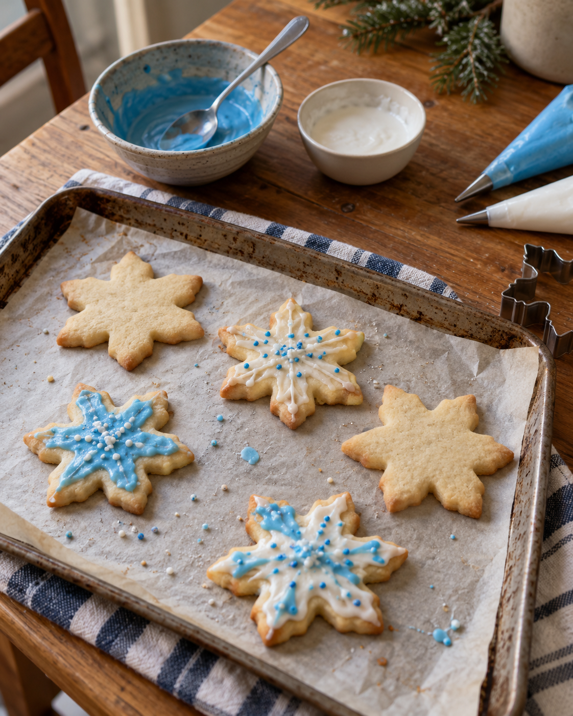 Homemade snowflake sugar cookies with blue and white icing on a parchment-lined baking tray, beside icing bowls, piping bags and a cookie cutter, illustrating the holiday baking activity in Oliver the Owl: A Sweet Season.