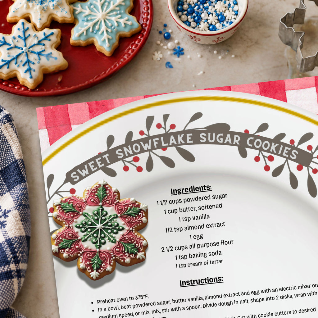 Sweet Snowflake Sugar Cookies recipe from Oliver the Owl: A Sweet Season beside blue and white iced snowflake cookies on a red plate, with sprinkles and cookie cutters nearby.