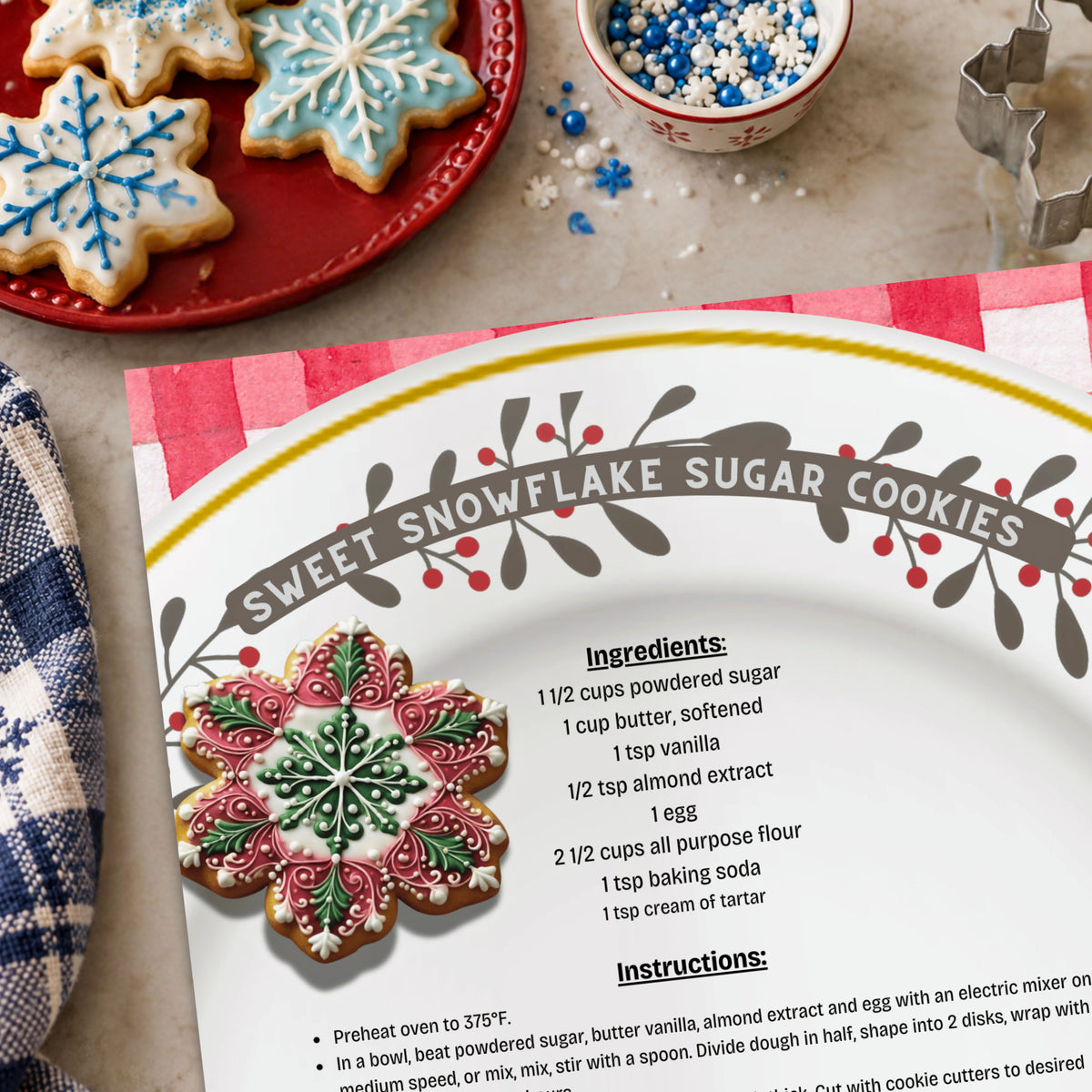 Sweet Snowflake Sugar Cookies recipe from Oliver the Owl: A Sweet Season beside blue and white iced snowflake cookies on a red plate, with sprinkles and cookie cutters nearby.