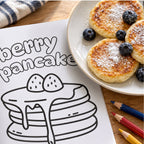 Berry pancake coloring page in the Oliver the Owl activity book beside a plate of pancakes topped with blueberries and a few colored pencils.