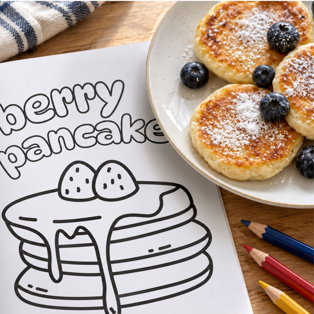 Berry pancake coloring page in the Oliver the Owl activity book beside a plate of pancakes topped with blueberries and a few colored pencils.