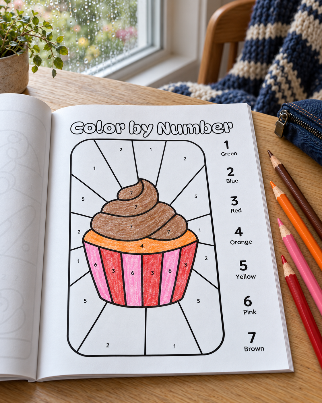 Partially completed cupcake color-by-number page in the Oliver the Owl activity book, with colored pencils on a wooden table beside a rain-speckled window.