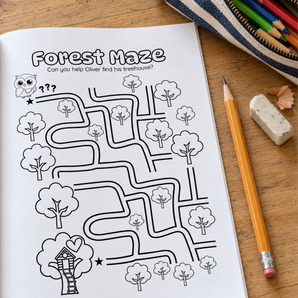 Forest Maze page in the Oliver the Owl activity book, inviting children to help Oliver find his treehouse, with a pencil and eraser beside the open book.
