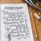 Forest Maze page in the Oliver the Owl activity book, inviting children to help Oliver find his treehouse, with a pencil and eraser beside the open book.