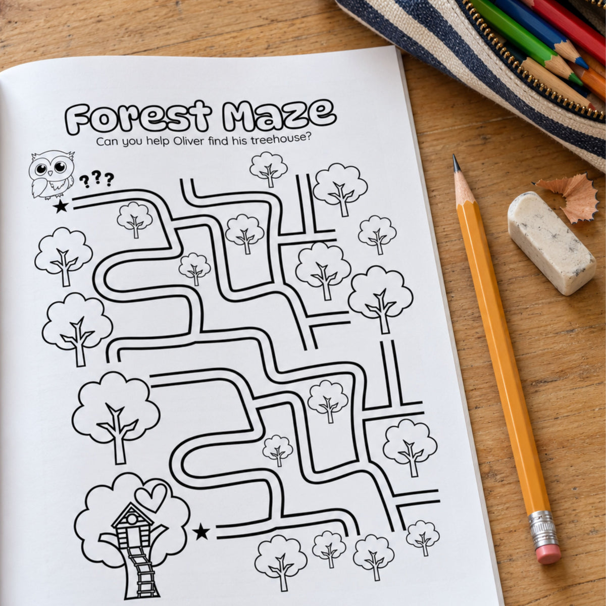 Forest Maze page in the Oliver the Owl activity book, inviting children to help Oliver find his treehouse, with a pencil and eraser beside the open book.