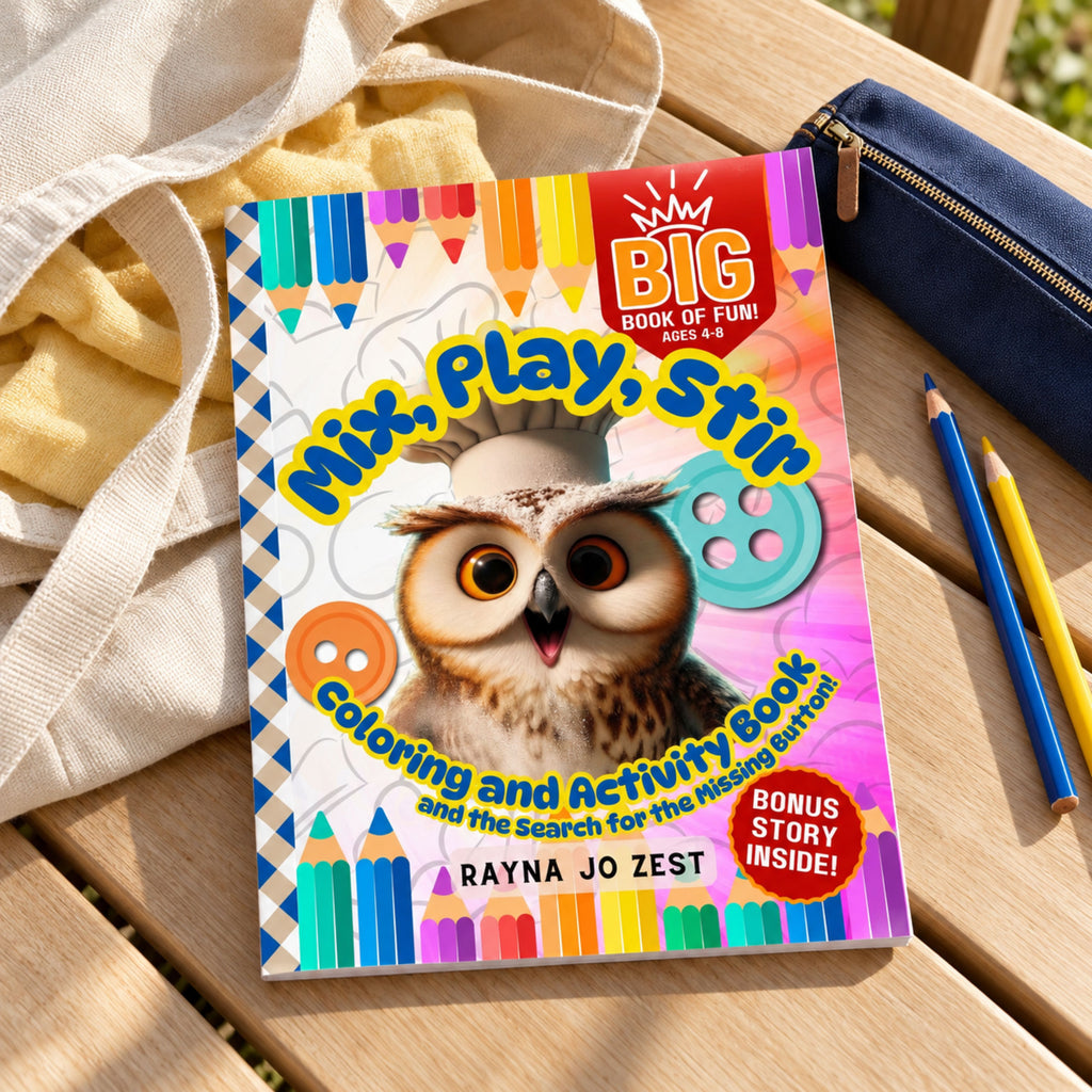Oliver the Owl coloring and activity book on a wooden bench beside a canvas tote, yellow cloth, navy pencil pouch, and colored pencils.
