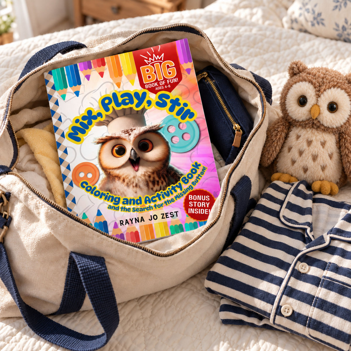 Oliver the Owl activity book tucked into a canvas overnight bag with a pencil pouch, beside striped pajamas and a stuffed owl plush.