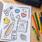Partially colored page from the Oliver the Owl activity book featuring a rubber duck, baking tools, cookie cutters, and other pocket items, with colored pencils alongside.