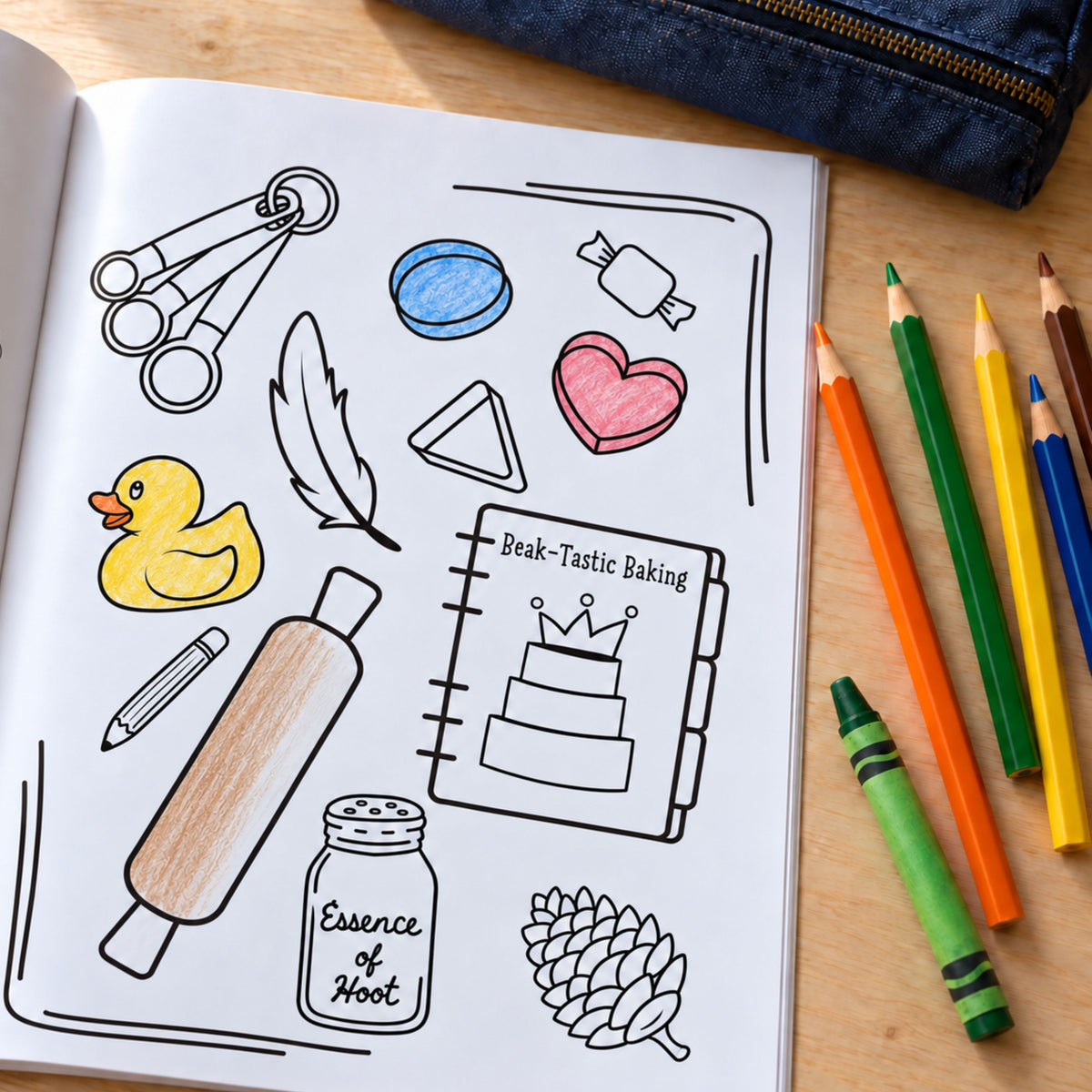 Partially colored page from the Oliver the Owl activity book featuring a rubber duck, baking tools, cookie cutters, and other pocket items, with colored pencils alongside.