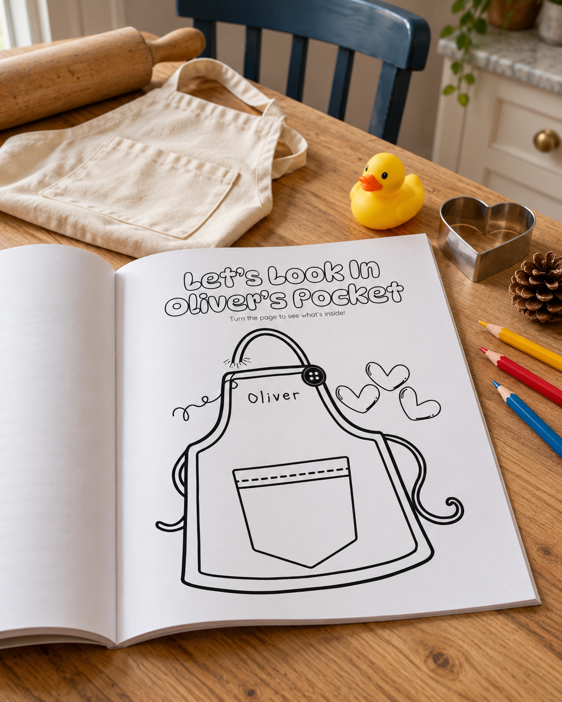 Oliver the Owl activity book open to “Let’s Look In Oliver’s Pocket,” beside a cotton apron, rubber duck, cookie cutter, pinecone, and colored pencils.