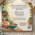 Back cover of Oliver the Owl’s Alphabet Soup board book, featuring the story introduction, illustrated soup and sourdough bread, and Oliver series message.