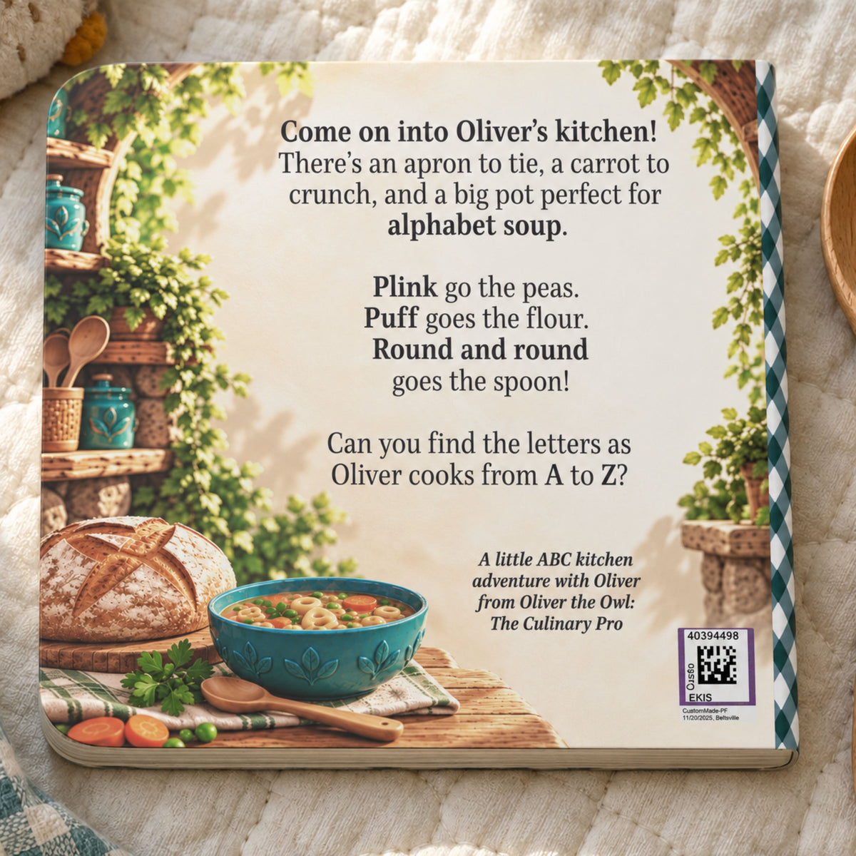 Back cover of Oliver the Owl’s Alphabet Soup board book, featuring the story introduction, illustrated soup and sourdough bread, and Oliver series message.