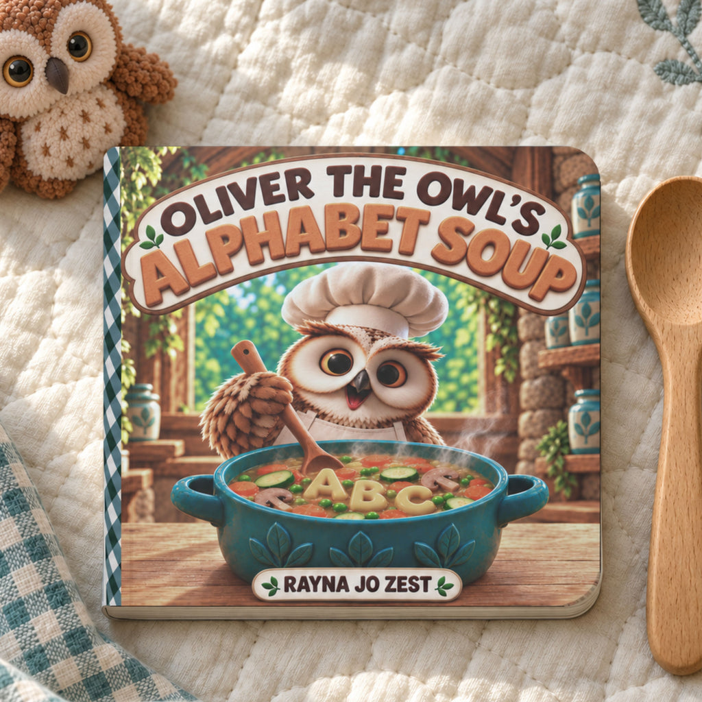 Oliver the Owl’s Alphabet Soup board book on a cream quilt beside a plush owl, wooden spoon and blue checked cloth.