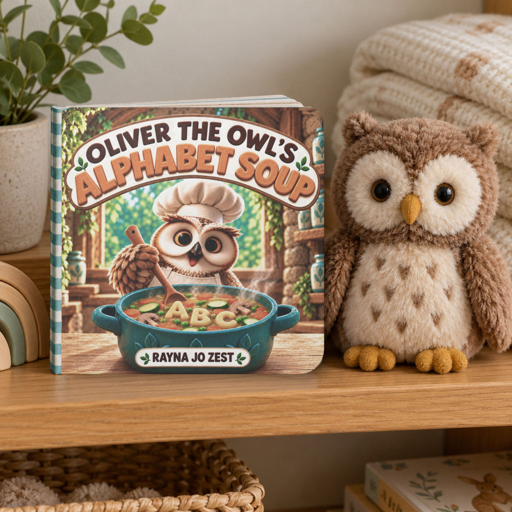 Oliver the Owl’s Alphabet Soup board book standing on a wooden shelf beside a plush owl, folded blankets, a wooden rainbow and a leafy plant.