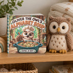 Oliver the Owl’s Alphabet Soup board book standing on a wooden shelf beside a plush owl, folded blankets, a wooden rainbow and a leafy plant.