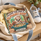 Oliver the Owl’s Alphabet Soup board book tucked into a cream canvas bag with blue handles beside a yellow cardigan and small blue children’s shoes.