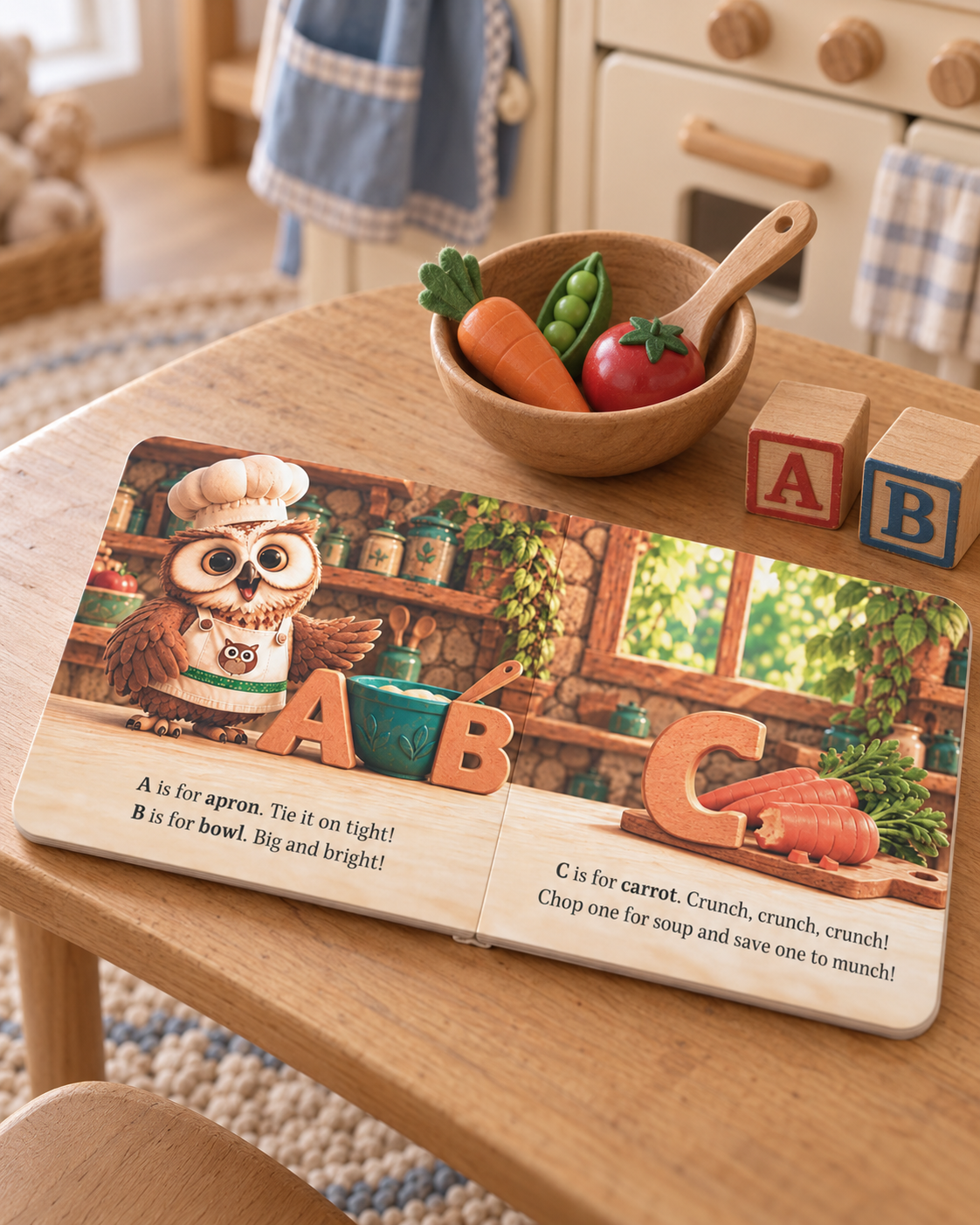 Oliver the Owl’s Alphabet Soup board book open to the A, B and C pages on a wooden play table beside toy vegetables and alphabet blocks.