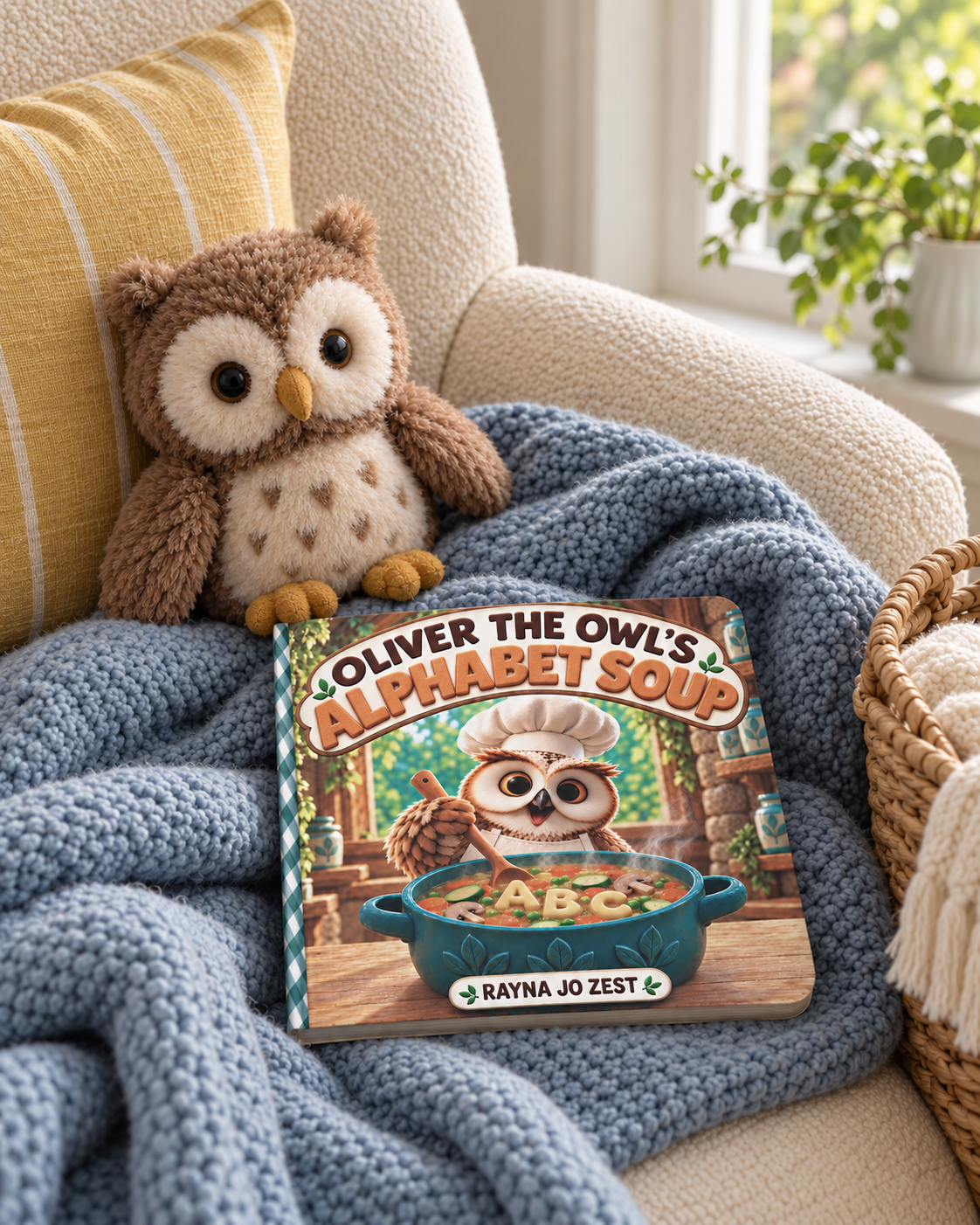 Oliver the Owl’s Alphabet Soup board book resting on a blue knitted blanket beside a plush owl and yellow cushion in a cozy reading chair.