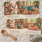Two open spreads from Oliver the Owl’s Alphabet Soup board book, showing the kitchen introduction and A for apron, B for bowl and C for carrot.