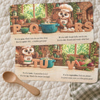 Oliver the Owl’s Alphabet Soup board book spreads featuring peas, quiet simmering, rolling dough, stirring, tasting, steam and colorful vegetables.