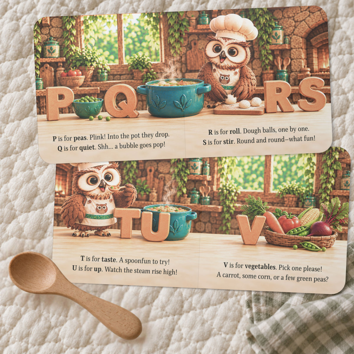 Oliver the Owl’s Alphabet Soup board book spreads featuring peas, quiet simmering, rolling dough, stirring, tasting, steam and colorful vegetables.