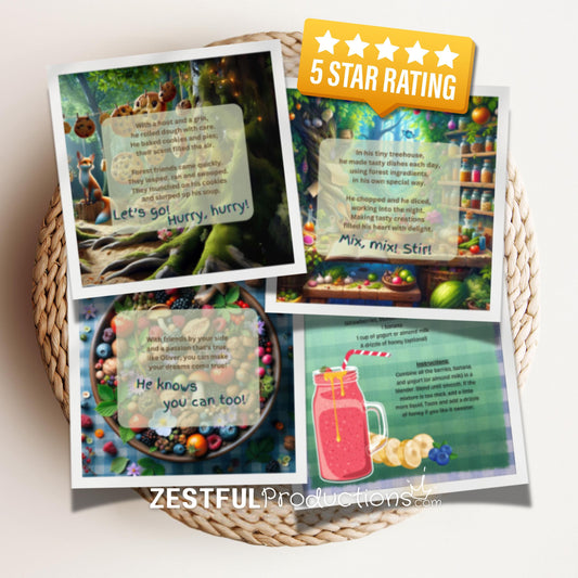 open Oliver the Owl kids cookbook showing colorful pages with recipes, activities, and illustrations for children