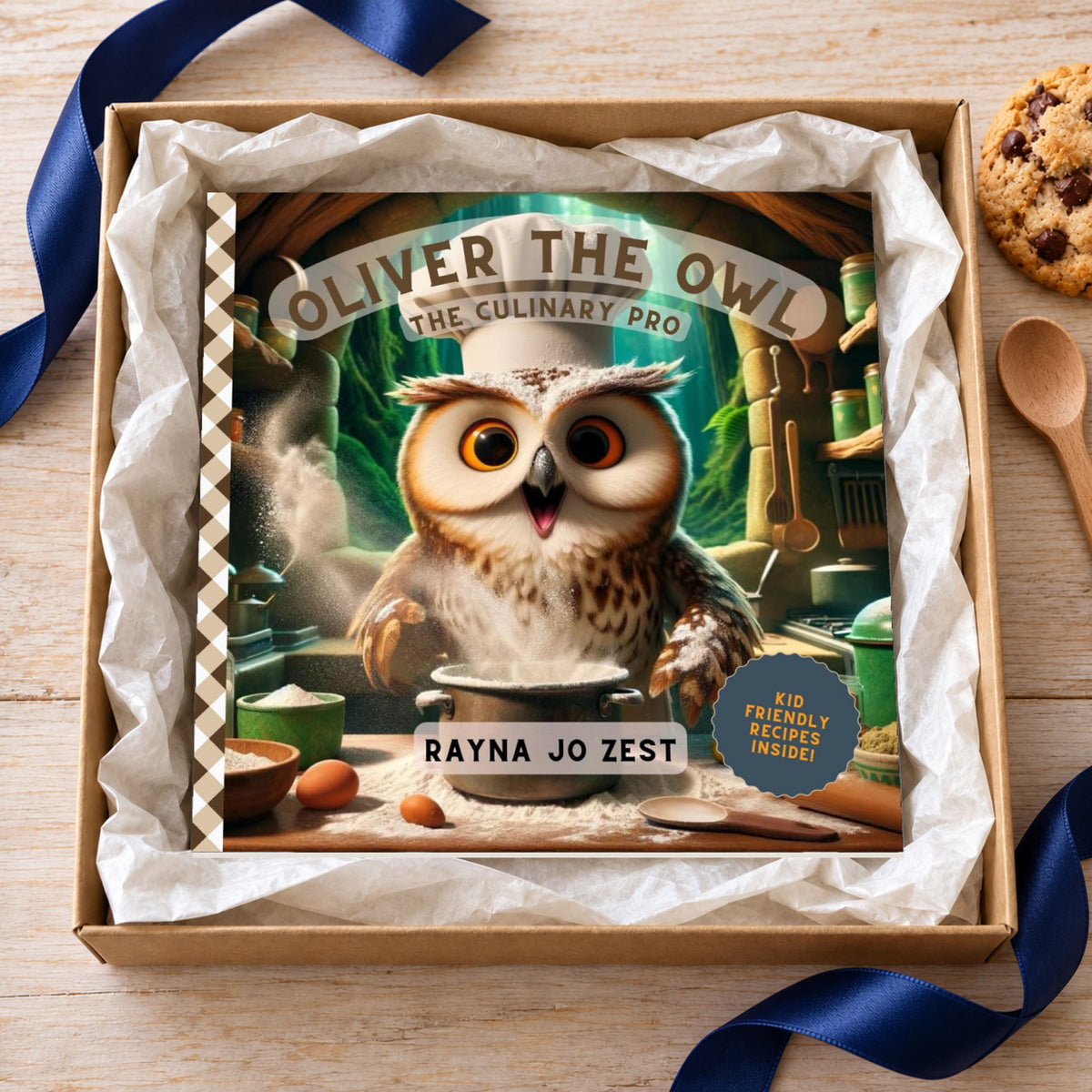 Oliver the Owl: The Culinary Pro paperback displayed in a kraft gift box surrounded by white tissue paper, with navy ribbon, a cookie and a wooden spoon on the table nearby.