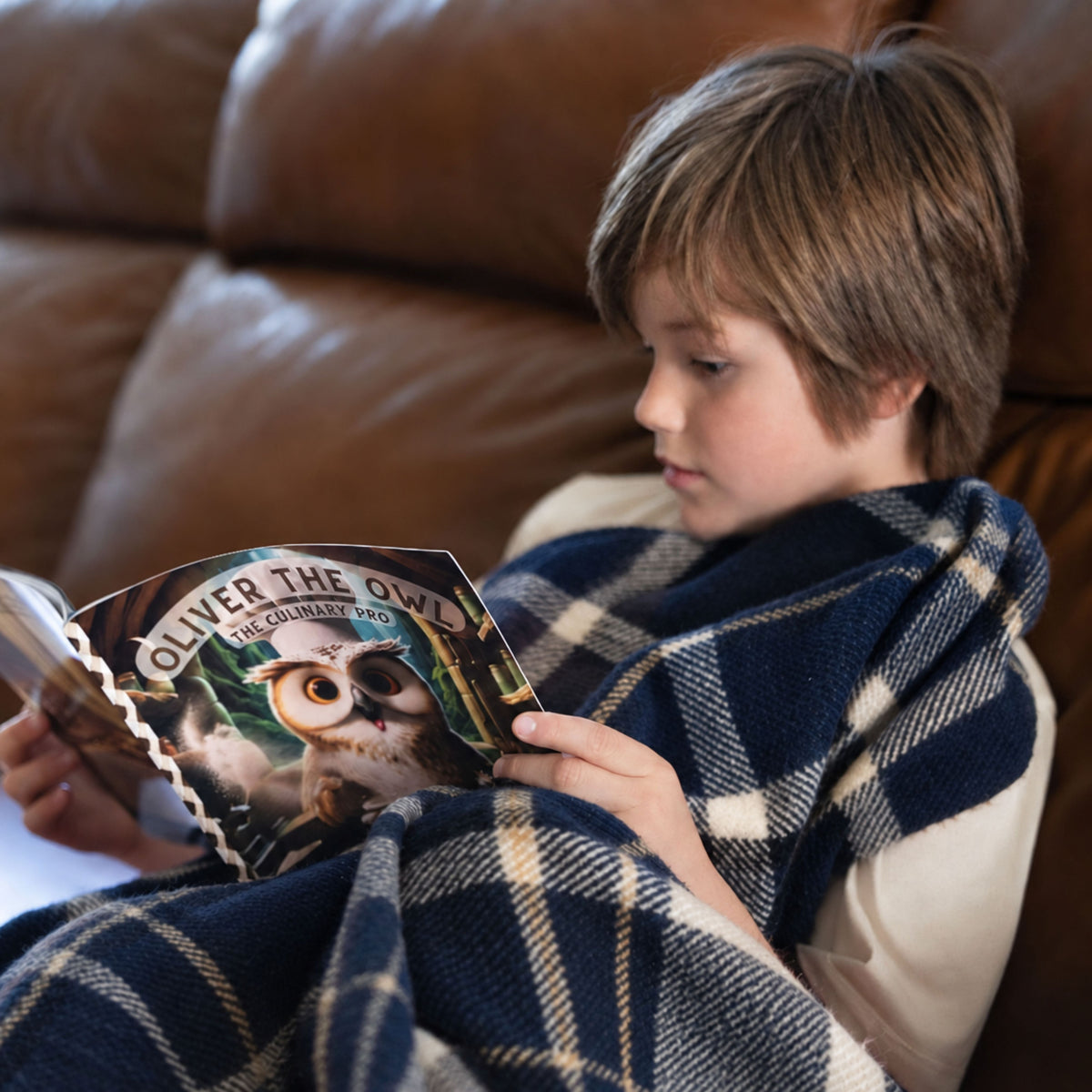 A child wrapped in a navy and cream plaid blanket reads Oliver the Owl: The Culinary Pro on a brown leather sofa, holding the open paperback with its owl chef cover visible.