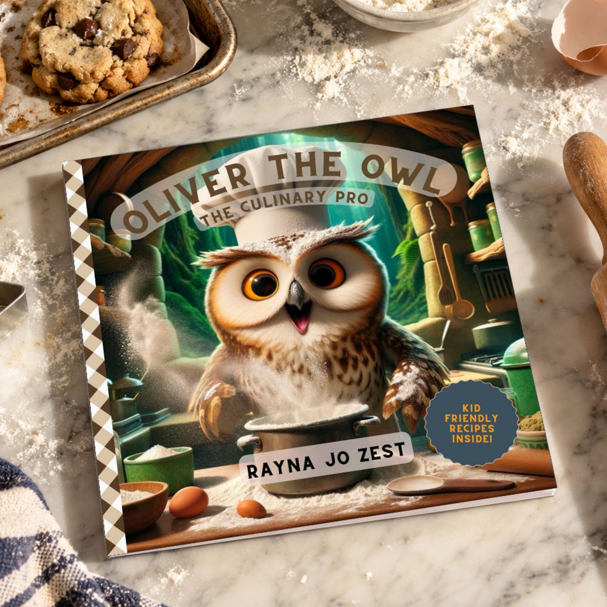 Oliver the Owl: The Culinary Pro by Rayna Jo Zest on a light kitchen counter beside cookies, flour, a wooden spoon and a striped towel, with the illustrated owl chef cover visible.