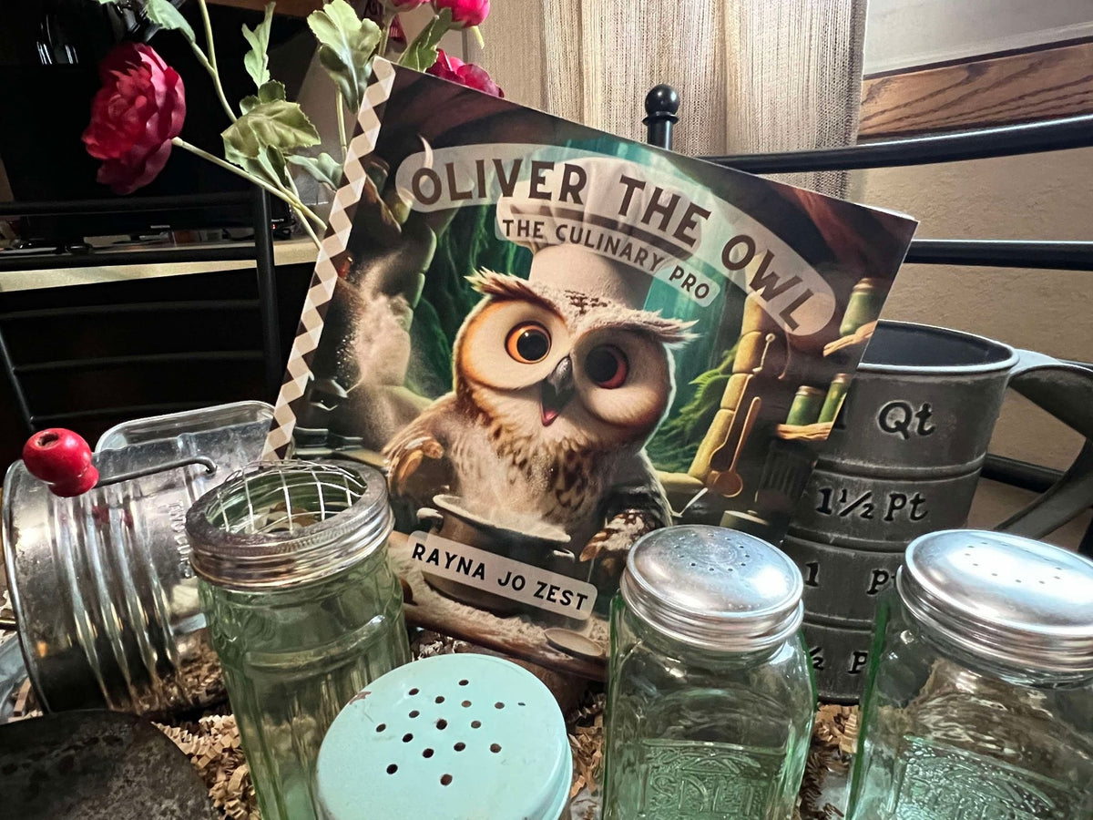 Oliver the Owl: The Culinary Pro by Rayna Jo Zest, a 2027 North Dakota Great Reads youth nominee, displayed with vintage kitchen tools.