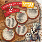 Oliver the Owl children’s cookbook recipe sharing page with decorated cookies, kids baking activities, and Rayna Jo Zest community call to action