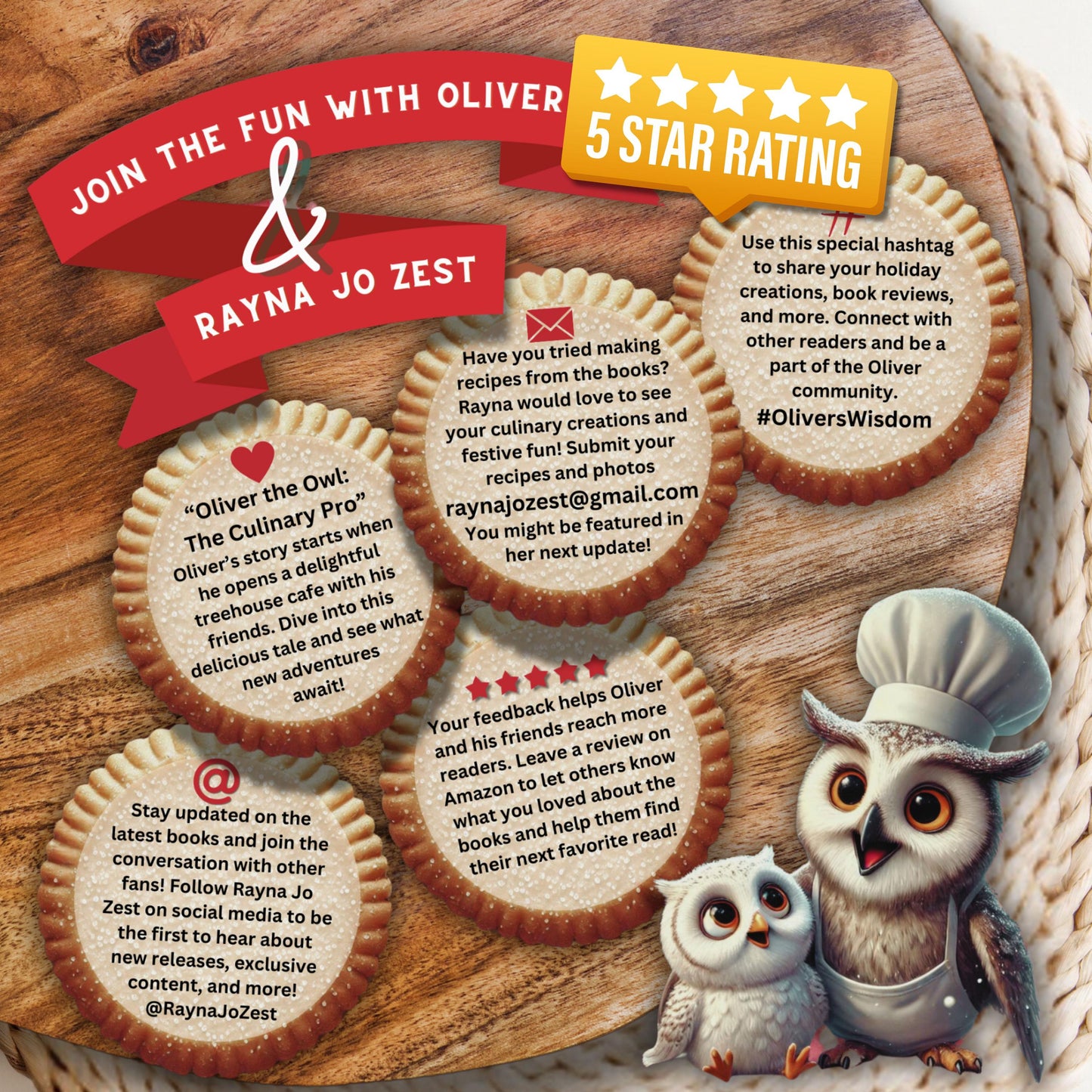 Oliver the Owl children’s cookbook recipe sharing page with decorated cookies, kids baking activities, and Rayna Jo Zest community call to action