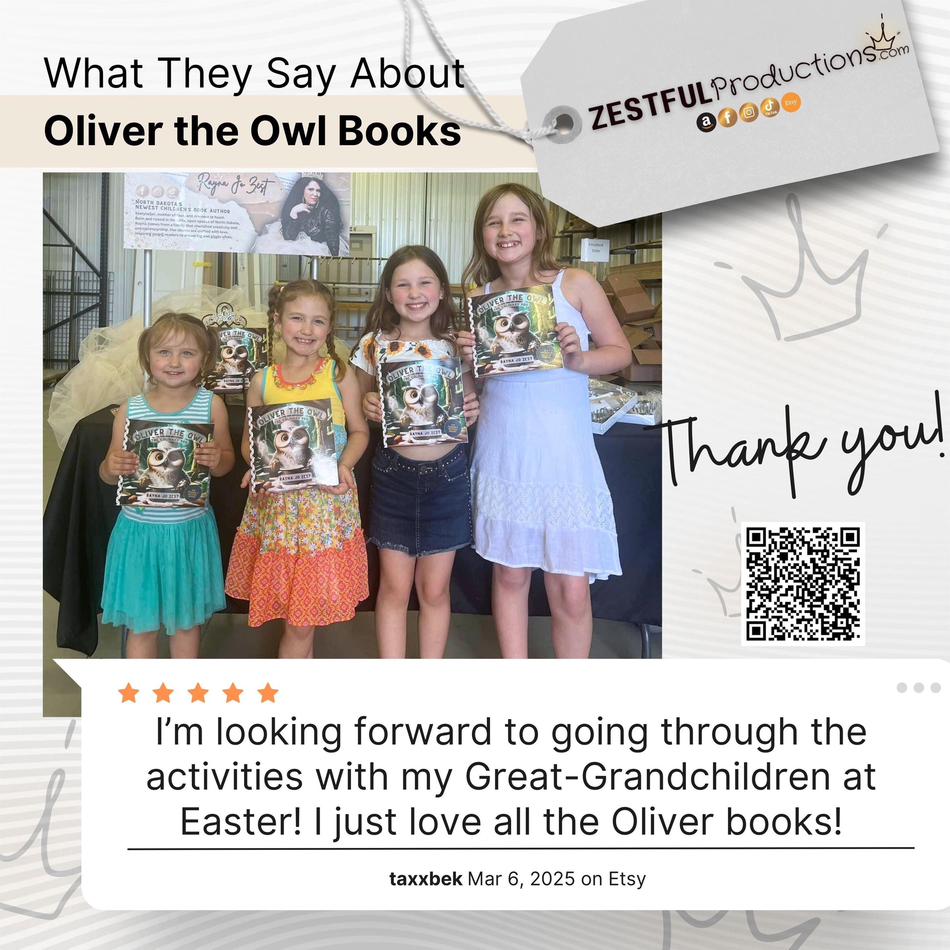 Oliver the Owl children’s cookbook storybook features and customer reviews infographic highlighting recipes and activities