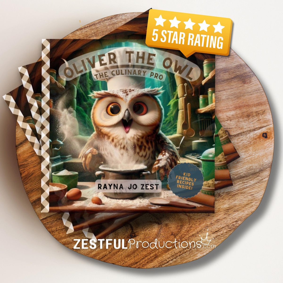 Oliver the Owl The Culinary Pro children’s cookbook storybook cover with owl chef illustration and 5 star rating badge on wood background