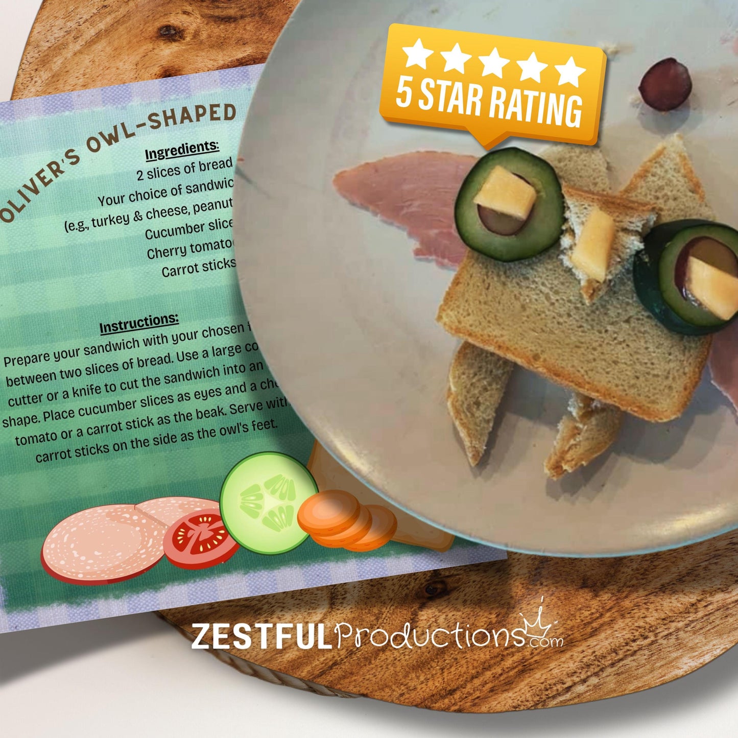owl-shaped sandwich kids recipe from Oliver the Owl children’s cookbook with cucumber eyes and cheese beak on plate
