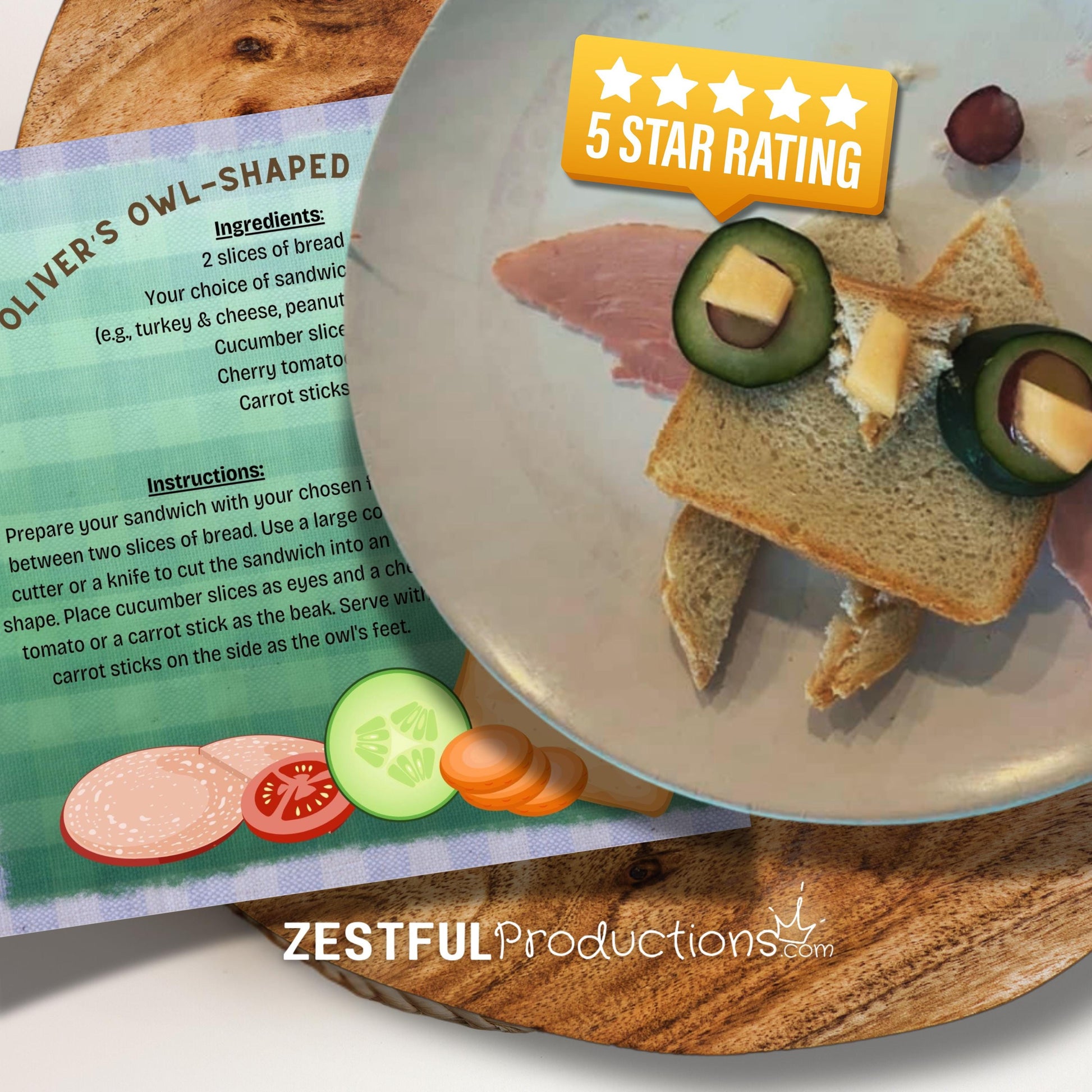 owl-shaped sandwich kids recipe from Oliver the Owl children’s cookbook with cucumber eyes and cheese beak on plate