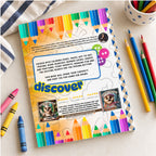 Back cover of the Mix, Play, Stir Oliver the Owl activity book, showing activity descriptions and related series titles, surrounded by pencils and crayons.