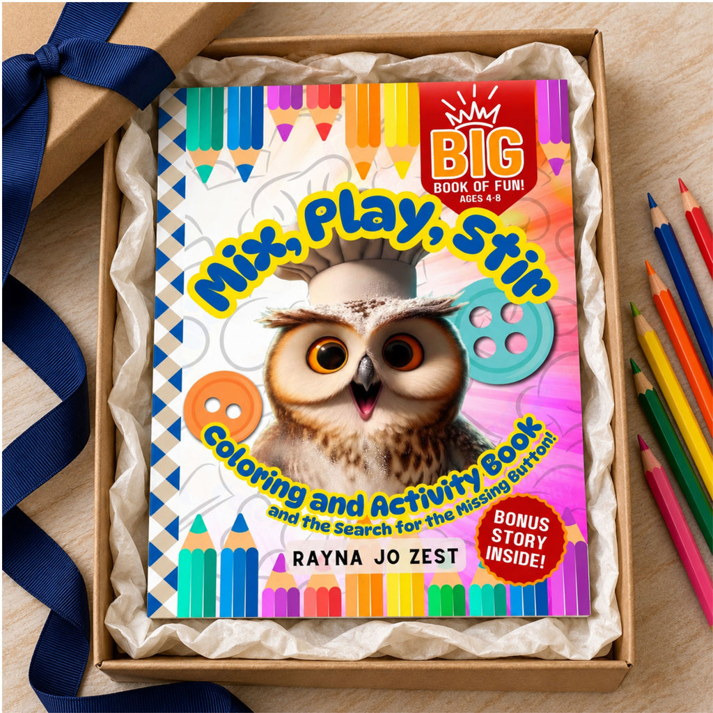 Mix, Play, Stir Oliver the Owl activity book nestled in ivory tissue inside a kraft gift box, with navy ribbon and colored pencils nearby.