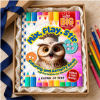 Mix, Play, Stir Oliver the Owl activity book nestled in ivory tissue inside a kraft gift box, with navy ribbon and colored pencils nearby.