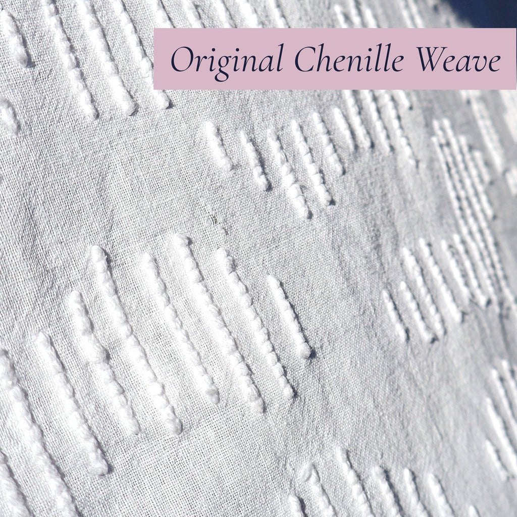 Detailed close-up of the original woven chenille texture on a vintage white bedspread featuring classic raised stitching and heirloom craftsmanship. Ideal for cottagecore decor, farmhouse interiors, vintage bedroom decorating, and textile collectors.