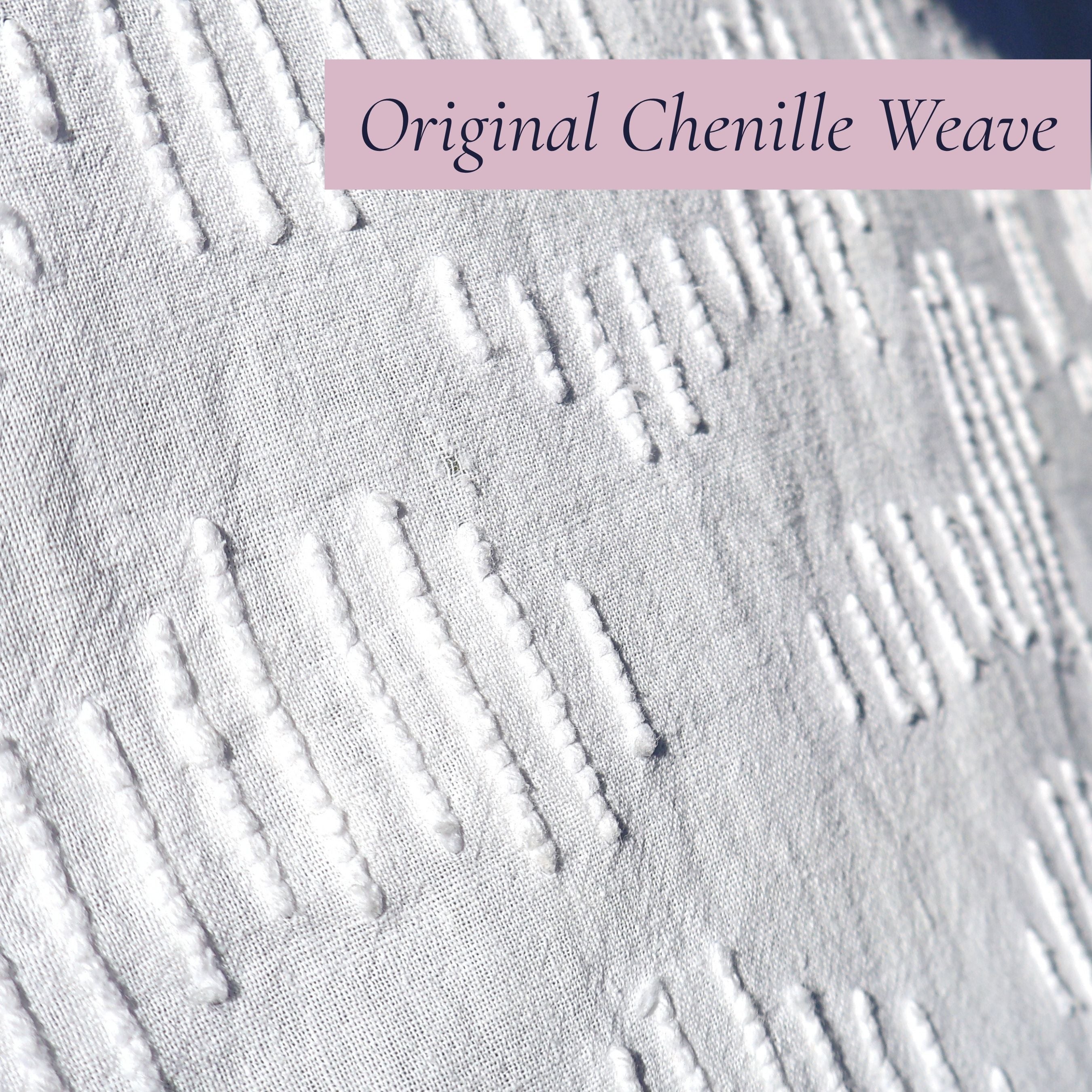 Detailed close-up of the original woven chenille texture on a vintage white bedspread featuring classic raised stitching and heirloom craftsmanship. Ideal for cottagecore decor, farmhouse interiors, vintage bedroom decorating, and textile collectors.