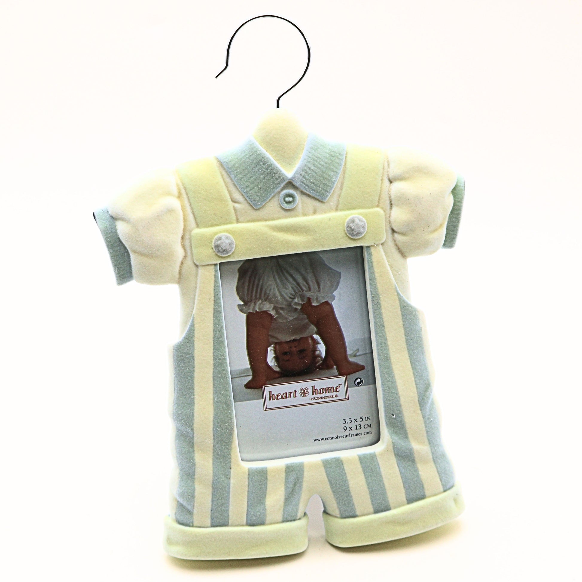 Vintage Baby Boy Picture Frame with pastel striped romper outfit design and flocked resin texture by Connoisseur shown on white background for nursery decor and baby keepsake gifting