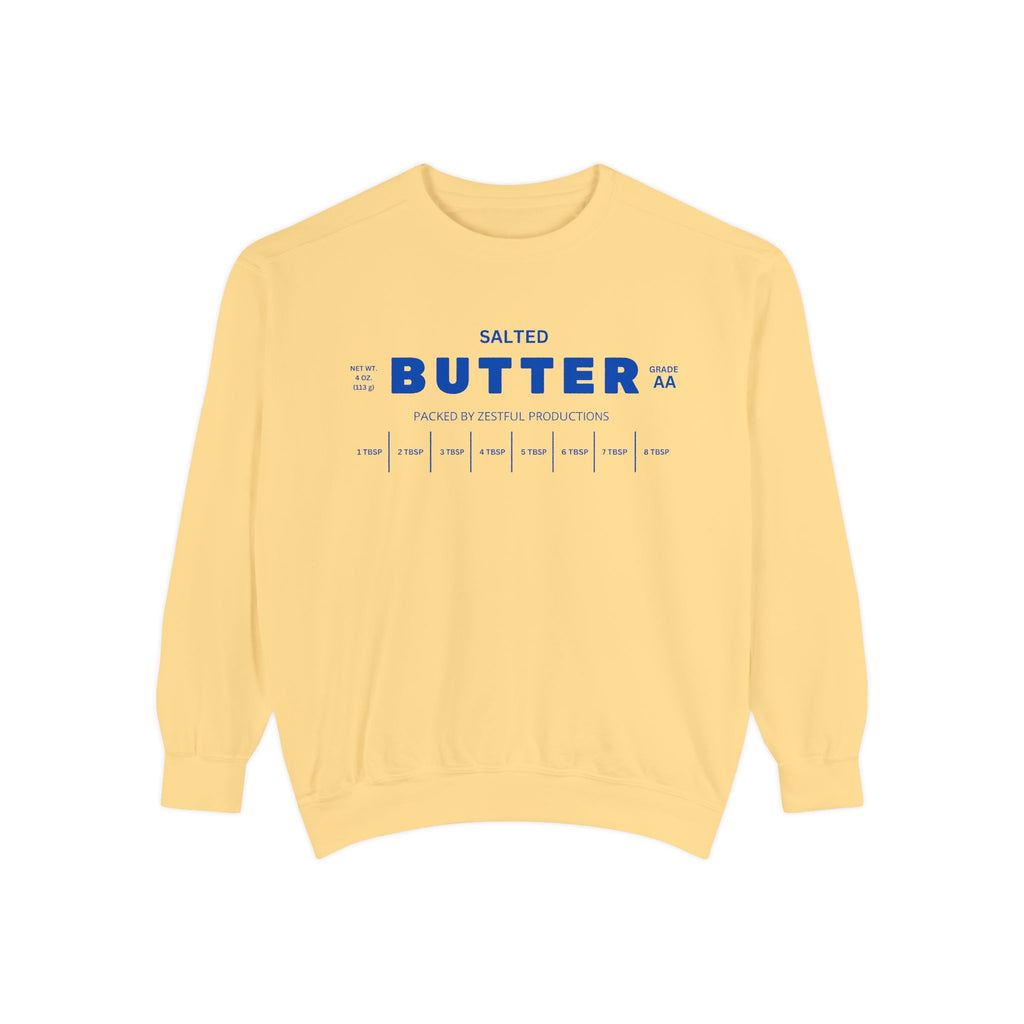 Personalized butter sweatshirt in soft yellow crewneck with blue butter label graphic. Cozy unisex pullover for everyday wear and custom gifting.