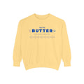 Personalized butter sweatshirt in soft yellow crewneck with blue butter label graphic. Cozy unisex pullover for everyday wear and custom gifting.