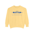 Personalized butter sweatshirt in soft yellow crewneck with blue butter label graphic. Cozy unisex pullover for everyday wear and custom gifting.