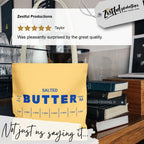 Butter tote bag customer review graphic with rating and lifestyle image. Highlights real customer feedback and product use.