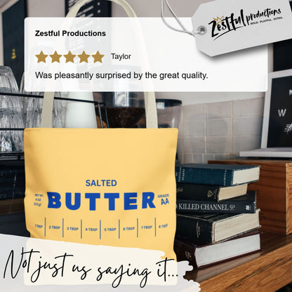 Butter tote bag customer review graphic with rating and lifestyle image. Highlights real customer feedback and product use.
