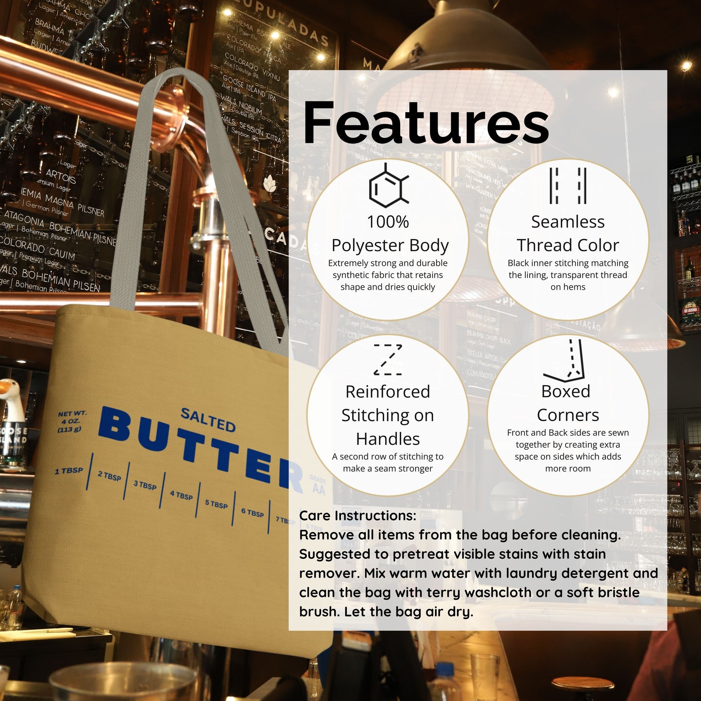 Personalized butter tote bag features graphic showing durable material, reusable design, and customization details. Fun everyday carry bag for shopping, errands, and gifts.