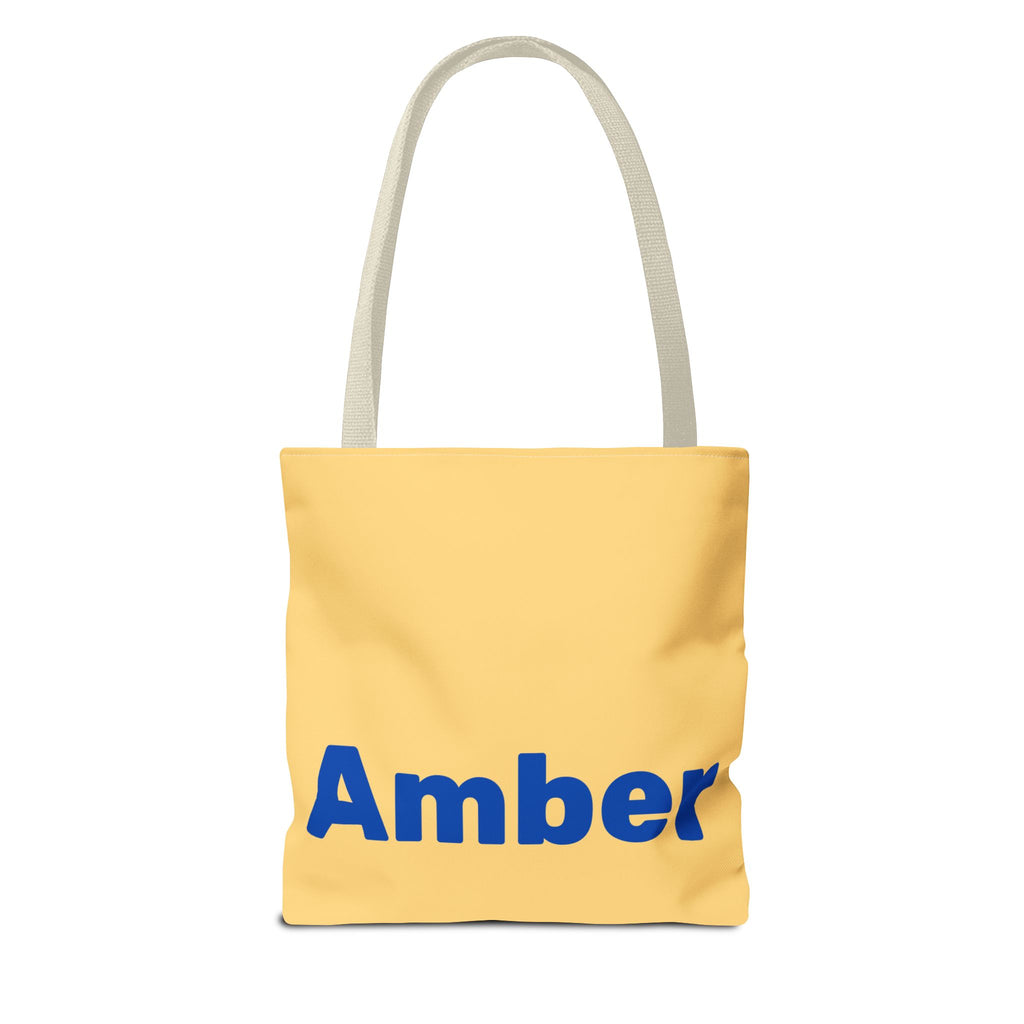Personalized butter tote bag with custom name Amber printed on design. Unique reusable bag perfect for gifting and everyday use.